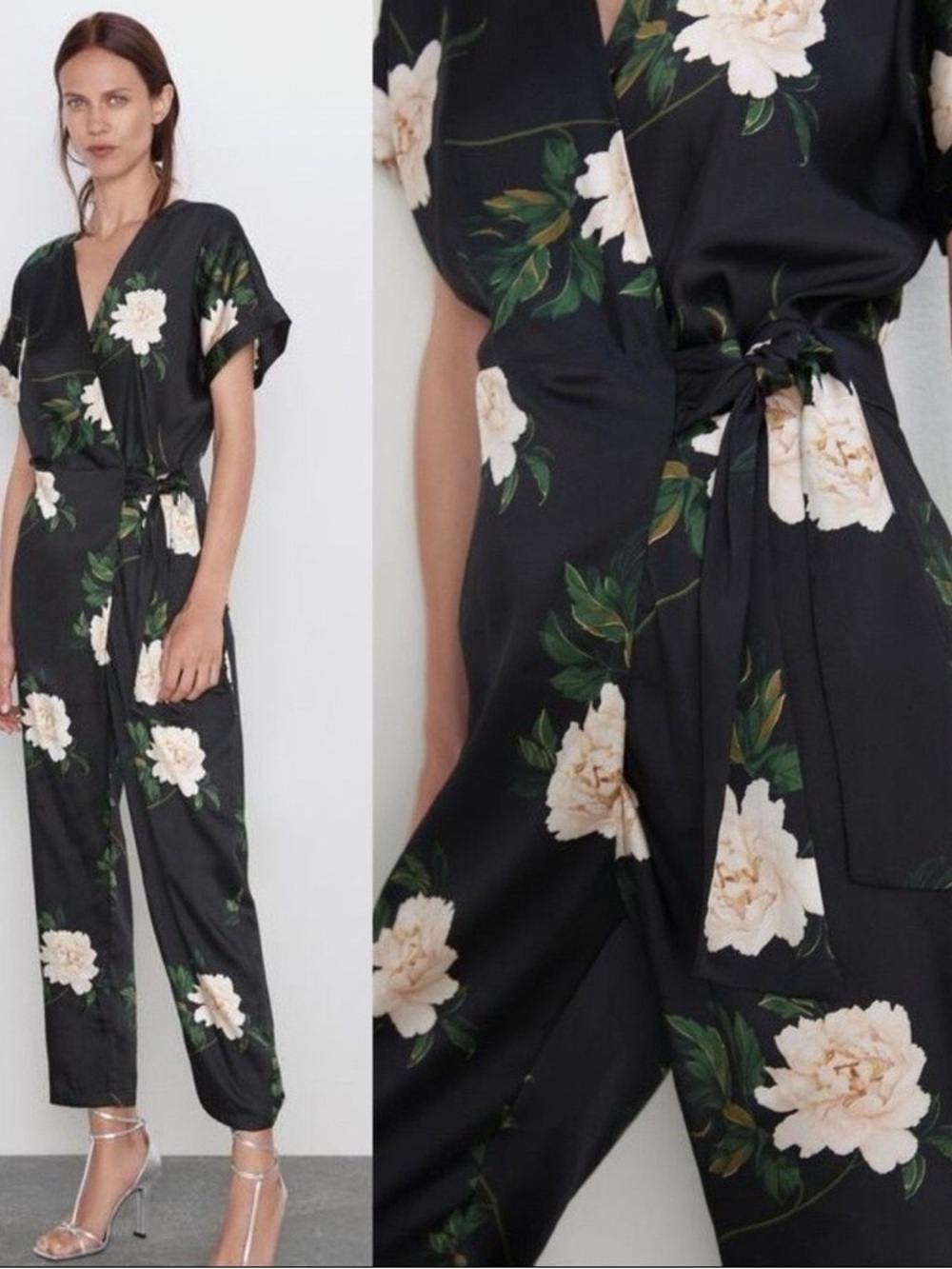 NWOT ZARA Black Floral Wrap Jumpsuit with Tie Waist